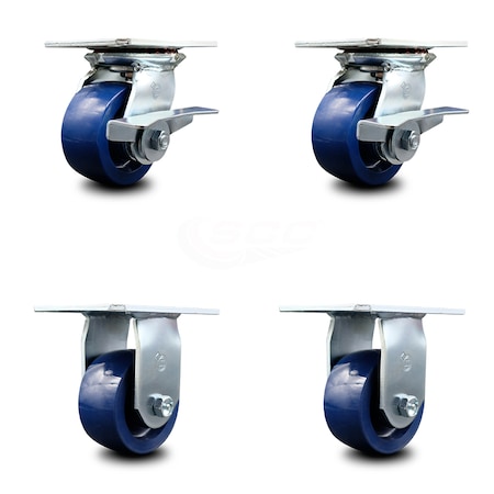Service Caster 4 Inch Solid Poly Caster Set with Ball Bearing 2 Brakes and 2 Rigid SCC SCC-35S420-SPUB-SLB-2-R-2